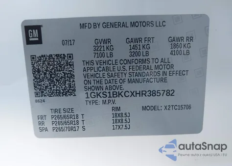 2017 GMC Yukon Slt from USA, damaged, VIN 1GKS1BKCXHR385782